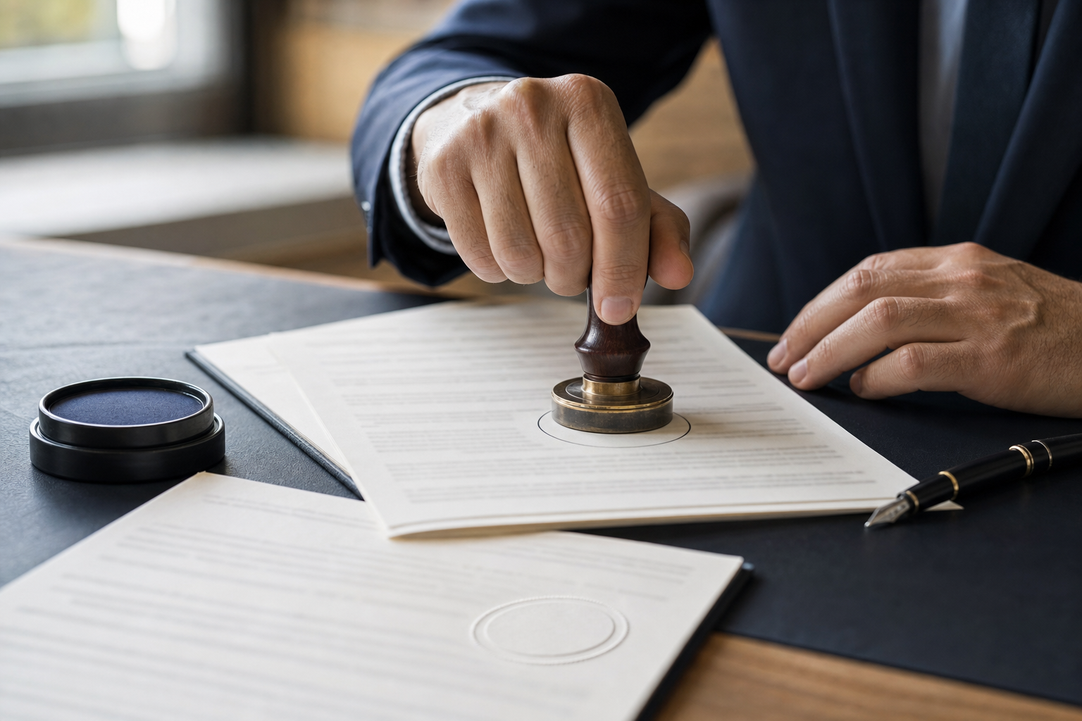 A pair of hands presses an official round rubber stamp onto a stack of paper documents on a desk, an ink pad and a fountain pen beside them, a second document already carrying a faint embossed seal, in warm window light.
