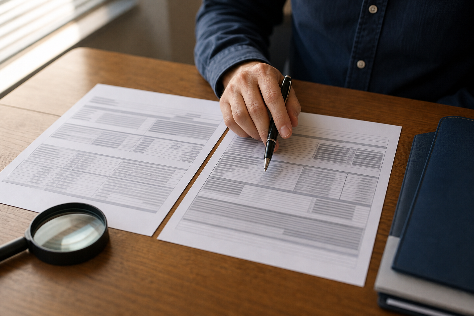 Two printed trade documents laid side by side on a desk, a hand resting a pen between them while comparing a figure on one against the other, with a magnifier and a folder nearby.