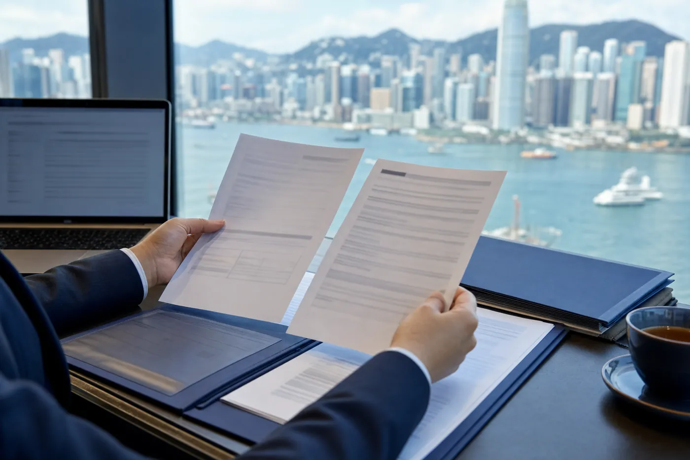By a window overlooking Victoria Harbour and the Hong Kong skyline, two hands hold up two export documents side by side to compare them, a navy folder and a cup of tea on the desk, a laptop at the edge.
