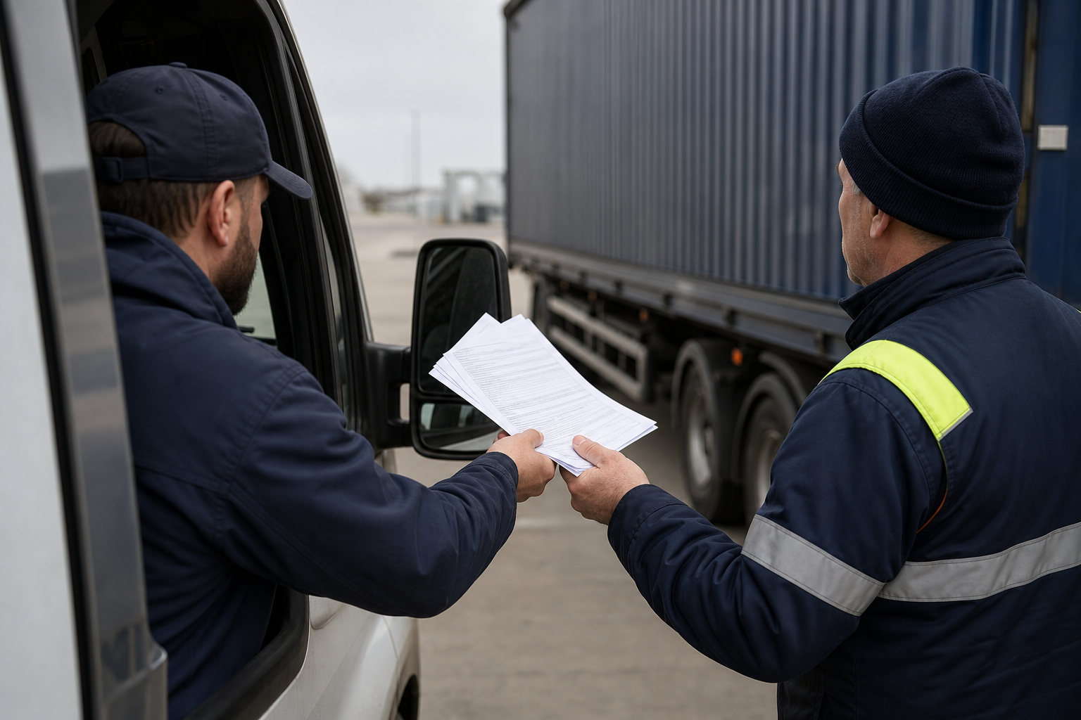 A lorry driver leans from his cab to pass a small sheaf of shipping paperwork to a checker in a high-visibility jacket, a chassis-mounted freight box behind them at an inland terminal gate.
