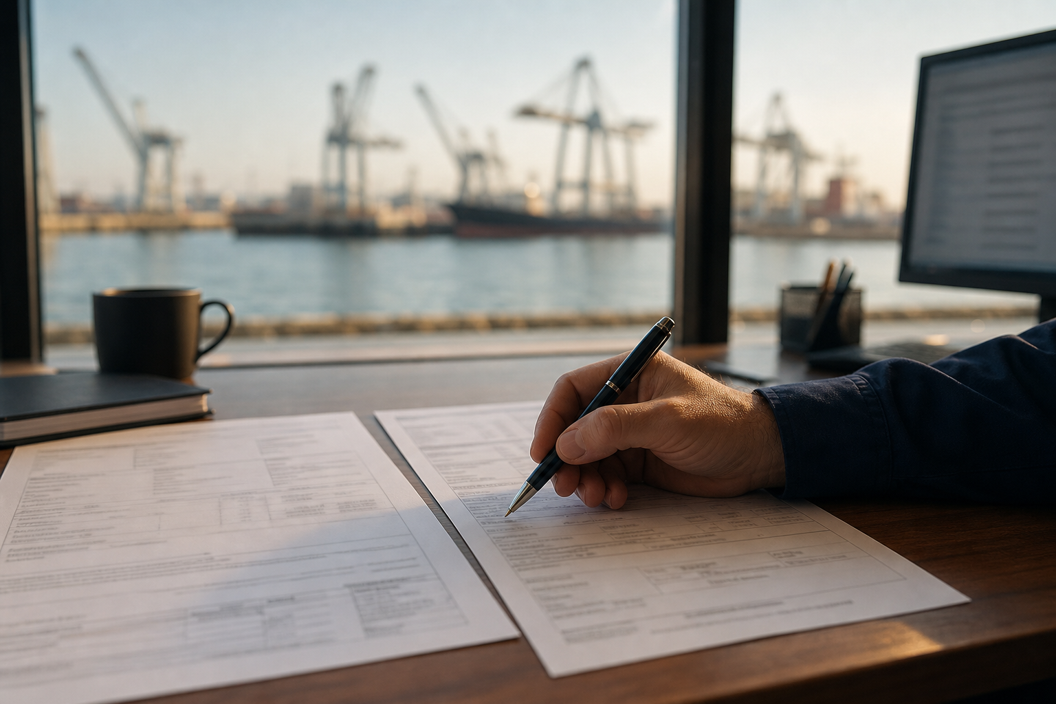 A hand rests a pen on a printed invoice and a transport document laid side by side on a freight desk, quay cranes soft and out of focus through the harbour window behind.