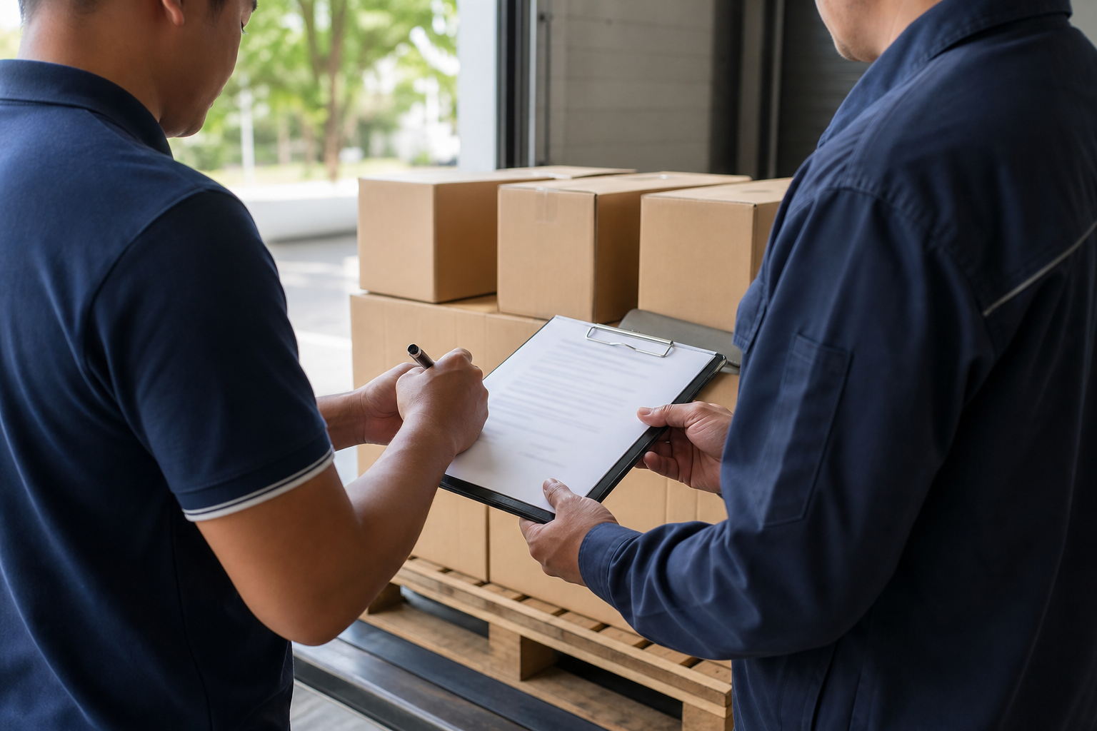 At a warehouse loading bay with the shutter open, a driver signs a delivery note on a clipboard held by a warehouse worker, palletised cartons stacked beside them.