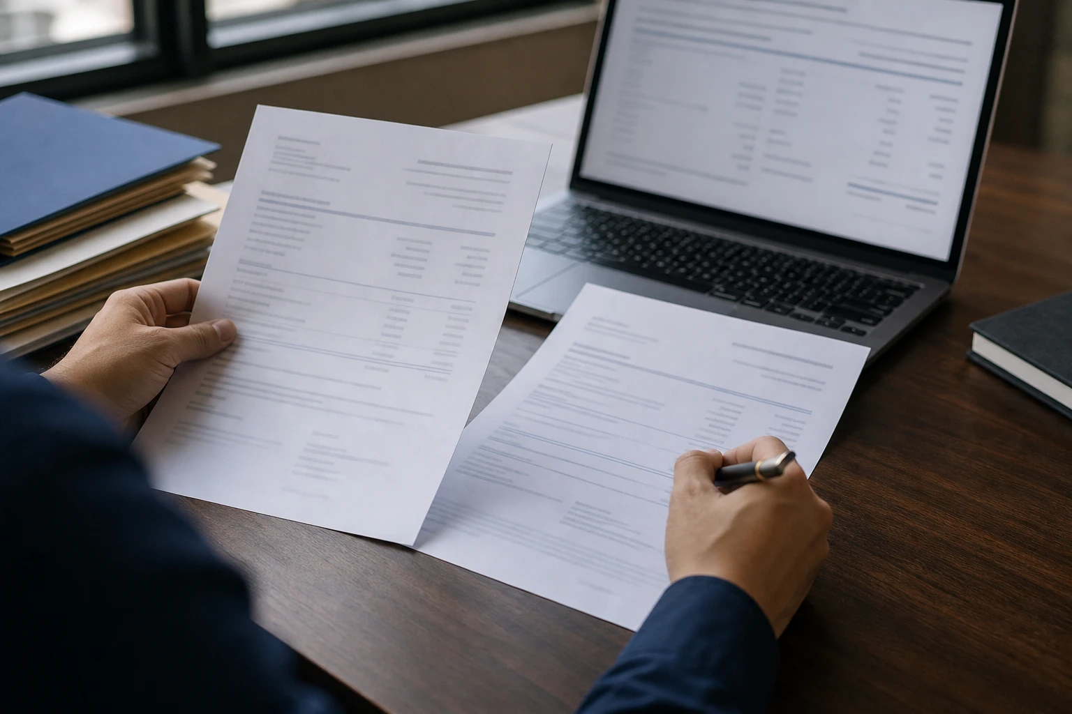 An exporter at a desk compares a printed export invoice against a bank remittance advice, with a laptop showing a shipping document and a stack of shipment files beside it.