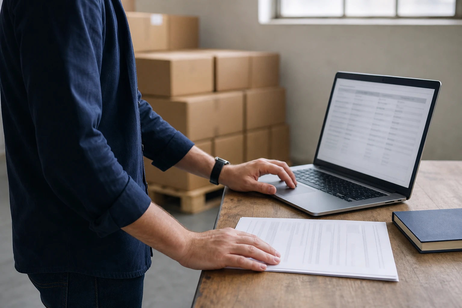 An importer at a warehouse office desk checks a tariff code on a laptop against a printed packing list, with sealed cartons stacked on a pallet in the background.