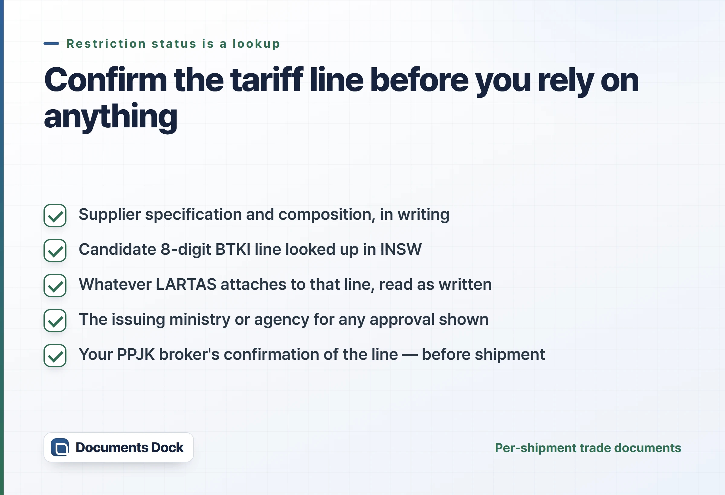Checklist for confirming restriction status: get the supplier specification, look up the 8-digit BTKI line in INSW, note the issuing agency, and have the PPJK broker confirm the line before shipment.