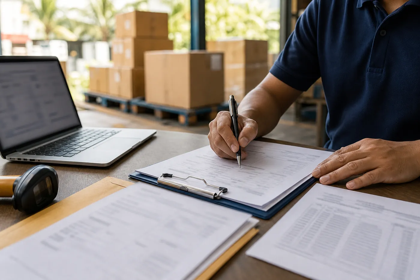 At a forwarder's desk near a warehouse doorway with cartons on a pallet behind, a hand annotates figures on an import form on a clipboard, with a laptop, a barcode scanner, and shipping papers on the desk.