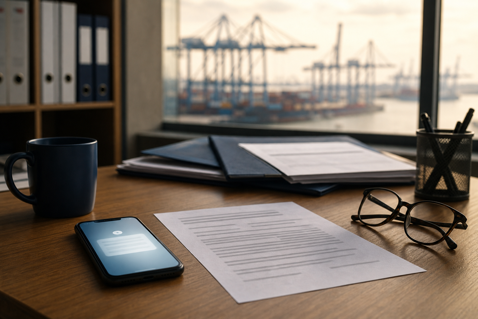 On an import operator's desk in early morning light, a phone glows with a fresh notification beside a printed customs query letter with unreadable lines and a set of shipping folders; port cranes stand idle through the window behind.