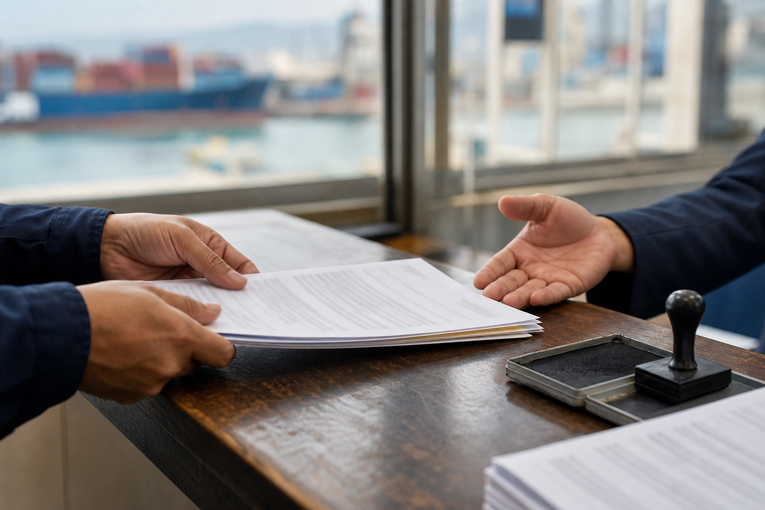 A pair of hands slides a stack of printed shipping papers across a worn wooden counter toward a clerk's open hand, a rubber stamp and ink pad resting beside them, a harbour with a berthed container ship blurred through the window behind.