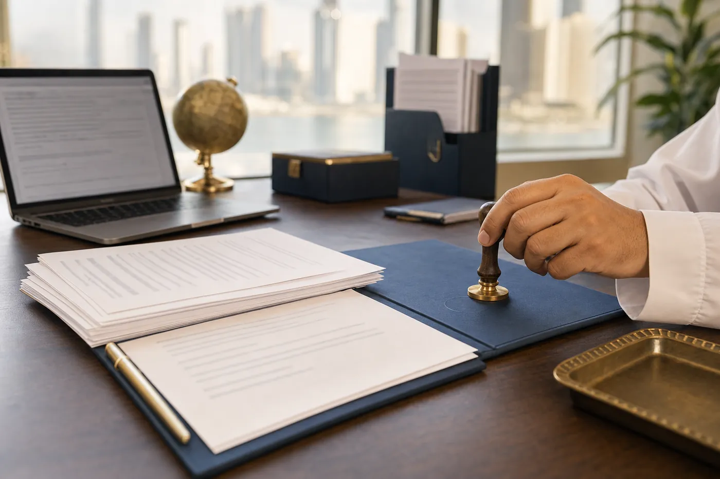 A Gulf-region office desk in warm daylight: shipping papers and a commercial invoice arranged in a navy folder, a hand pressing a plain embossed seal onto a page, a laptop, a small globe, and a brass tray at the edge.