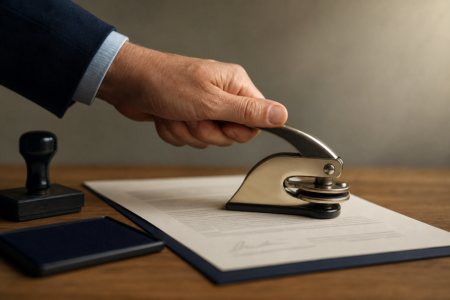 Close view of a hand pressing an embossing seal onto a certificate laid over a signed document, a stamp and ink pad on the desk beside them.