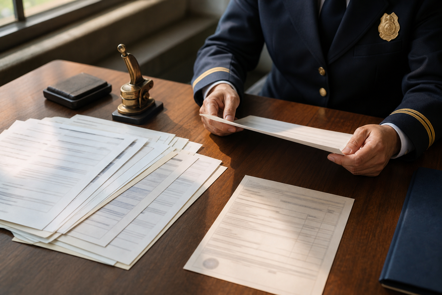 A uniformed customs officer at a wooden desk lifts one sheet from a fanned-out set of submitted documents, a brass embossing seal press and an ink pad beside them, a separate certificate laid apart on the desk.